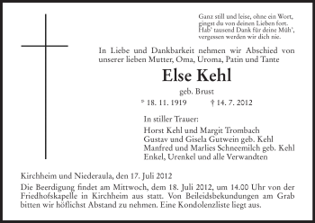 Todesanzeige von Else Kehl von HERSFELDER ZEITUNG