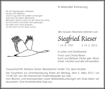 Todesanzeige von Siegfried Rieser von HERSFELDER ZEITUNG