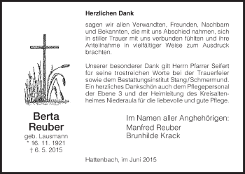 Todesanzeige von Berta Reuber von Hersfeld