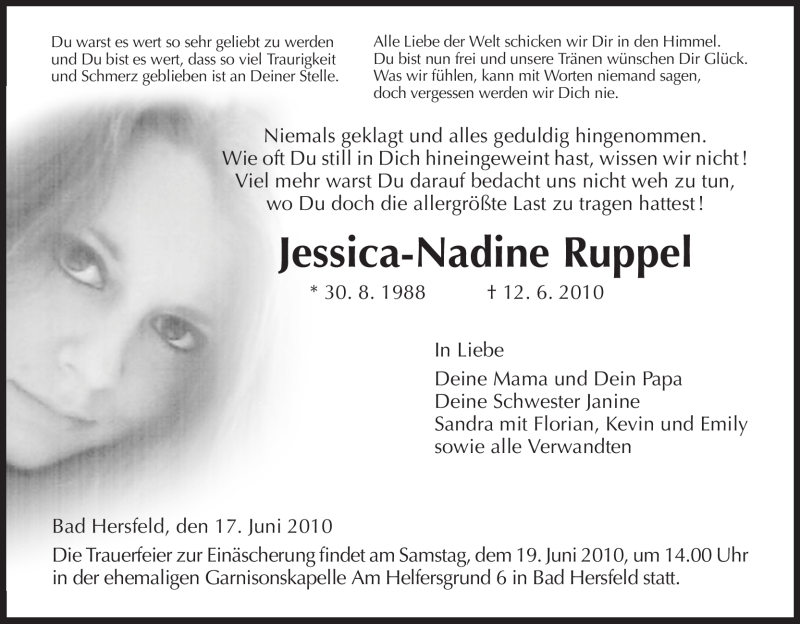  Traueranzeige für Jessica-Nadine Ruppel vom 17.06.2010 aus HERSFELDER ZEITUNG