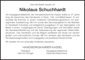 Todesanzeige von Nikolaus Schuchhardt von Hersfeld
