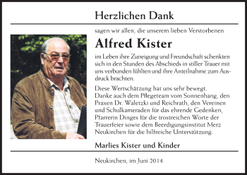 Todesanzeige von Alfred Kister von Hersfeld