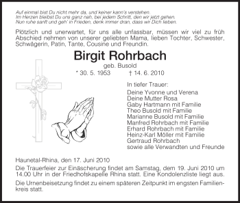 Todesanzeige von Birgit Rohrbach von HERSFELDER ZEITUNG