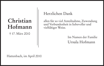 Todesanzeige von Christian Hofmann von HERSFELDER ZEITUNG