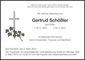 Todesanzeige von Gertrud Schößler von HERSFELDER ZEITUNG