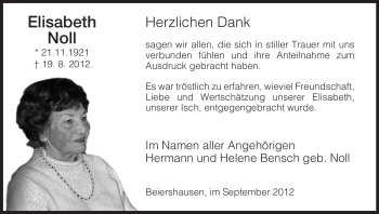 Todesanzeige von Elisabeth Noll von Hersfeld