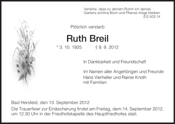 Todesanzeige von Ruth Breil von Hersfeld
