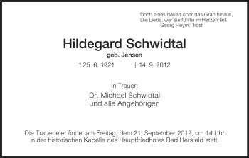 Todesanzeige von Hildegard Schwidtal von Hersfeld
