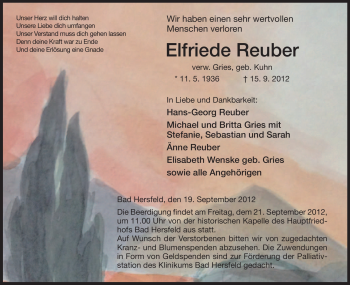 Todesanzeige von Elfriede Reuber von Hersfeld