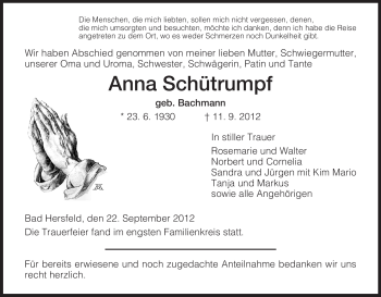 Todesanzeige von Anna Schütrumpf von Hersfeld