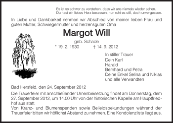 Todesanzeige von Margot Will von Hersfeld