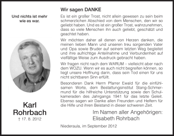 Todesanzeige von Karl Rohrbach von Hersfeld