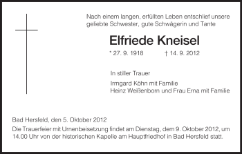 Todesanzeige von Elfriede Kneisel von Hersfeld