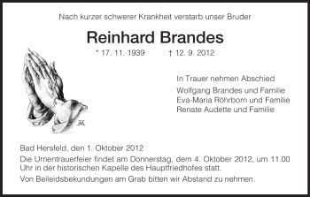 Todesanzeige von Reinhard Brandes von Hersfeld