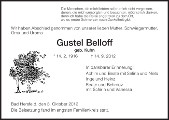Todesanzeige von Gustel Belloff von Hersfeld