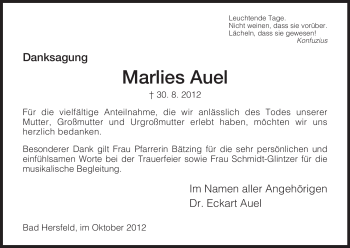 Todesanzeige von Marlies Auel von Hersfeld