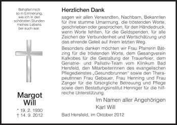 Todesanzeige von Margot Will von Hersfeld