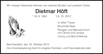 Todesanzeige von Dietmar Höft von Hersfeld