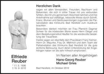 Todesanzeige von Elfriede Reuber von Hersfelder Zeitung