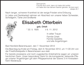 Todesanzeige von Elisabeth Otterbein von Hersfeld