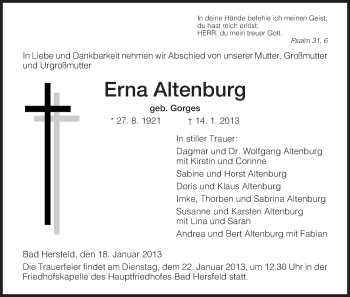 Todesanzeige von Erna Altenburg von Hersfeld