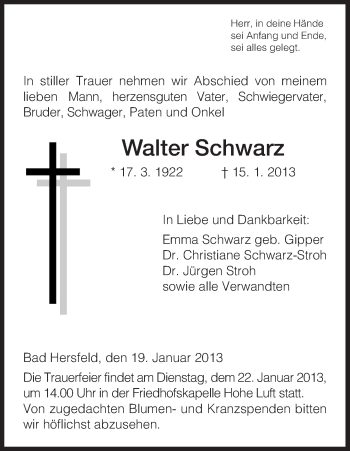 Todesanzeige von Walter Schwarz von Hersfeld
