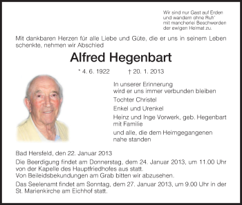 Todesanzeige von Afred Hegenbart von Hersfeld