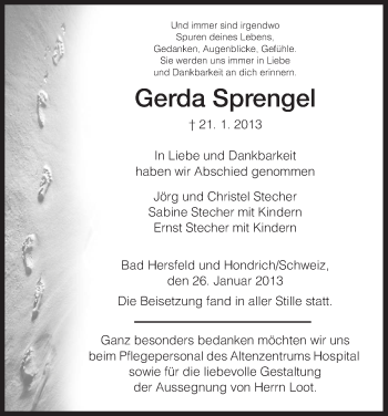 Todesanzeige von Gerda Sprengel von Hersfeld