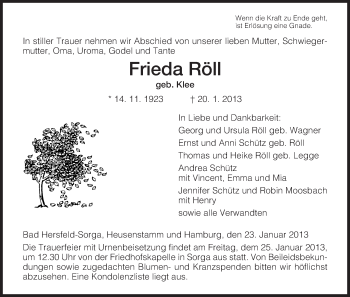 Todesanzeige von Frieda Röll von Hersfeld