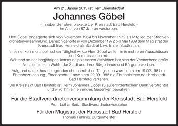 Todesanzeige von Johannes Göbel von Hersfeld