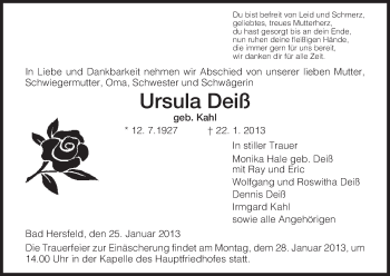 Todesanzeige von Ursula Deiß von Hersfeld