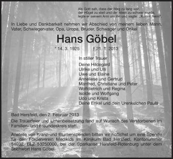 Todesanzeige von Hans Göbel von Hersfeld