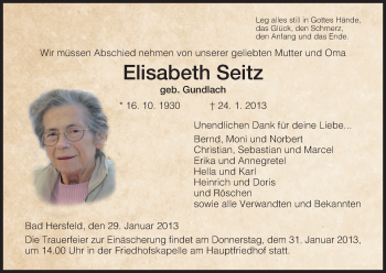 Todesanzeige von Elisabeth Seitz von Hersfeld