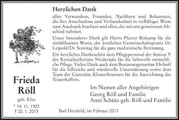 Todesanzeige von Frieda Röll von Hersfeld
