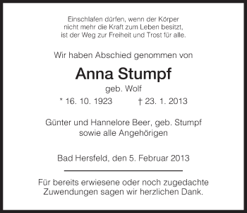 Todesanzeige von Anna Stumpf von Hersfeld