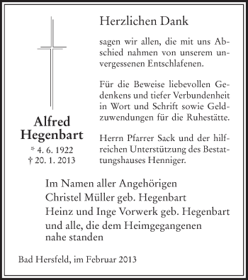 Todesanzeige von Alfred Hegenbart von Hersfeld