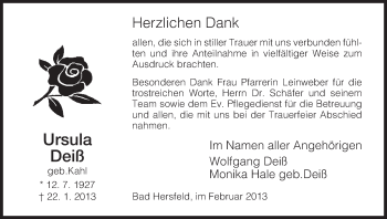 Todesanzeige von Ursula Deiß von Hersfeld