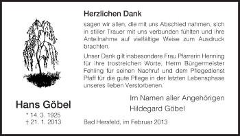 Todesanzeige von Hans Göbel von Hersfeld