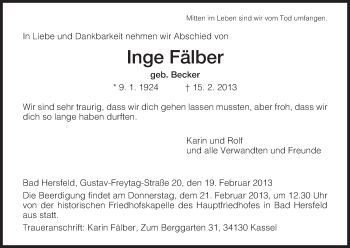 Todesanzeige von Inge Fälber von Hersfeld