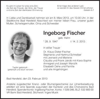 Todesanzeige von Ingeborg Fischer von Hersfeld