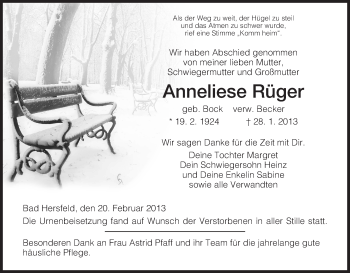 Todesanzeige von Anneliese Rüger von Hersfeld