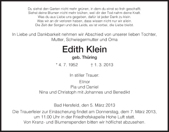 Todesanzeige von Edith Klein von Hersfeld