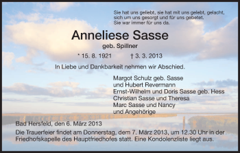 Todesanzeige von Anneliese Sasse von Hersfeld