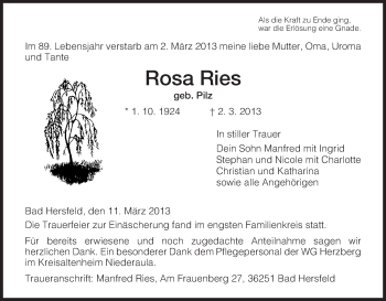 Todesanzeige von Rosa Ries von Hersfeld