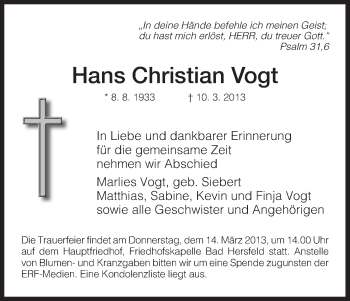 Todesanzeige von Hans Christian Vogt von Hersfeld