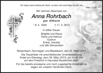 Todesanzeige von Anna Rohrbach von Hersfeld