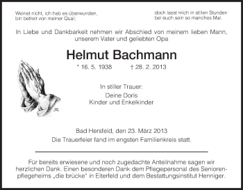 Todesanzeige von Helmut Bachmann von Hersfeld