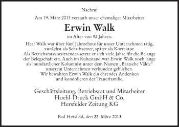 Todesanzeige von Erwin Walk von Hersfeld