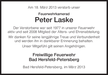 Todesanzeige von Peter Laske von Hersfeld
