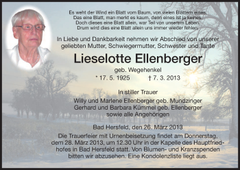 Todesanzeige von Lieselotte Ellenberger von Hersfeld